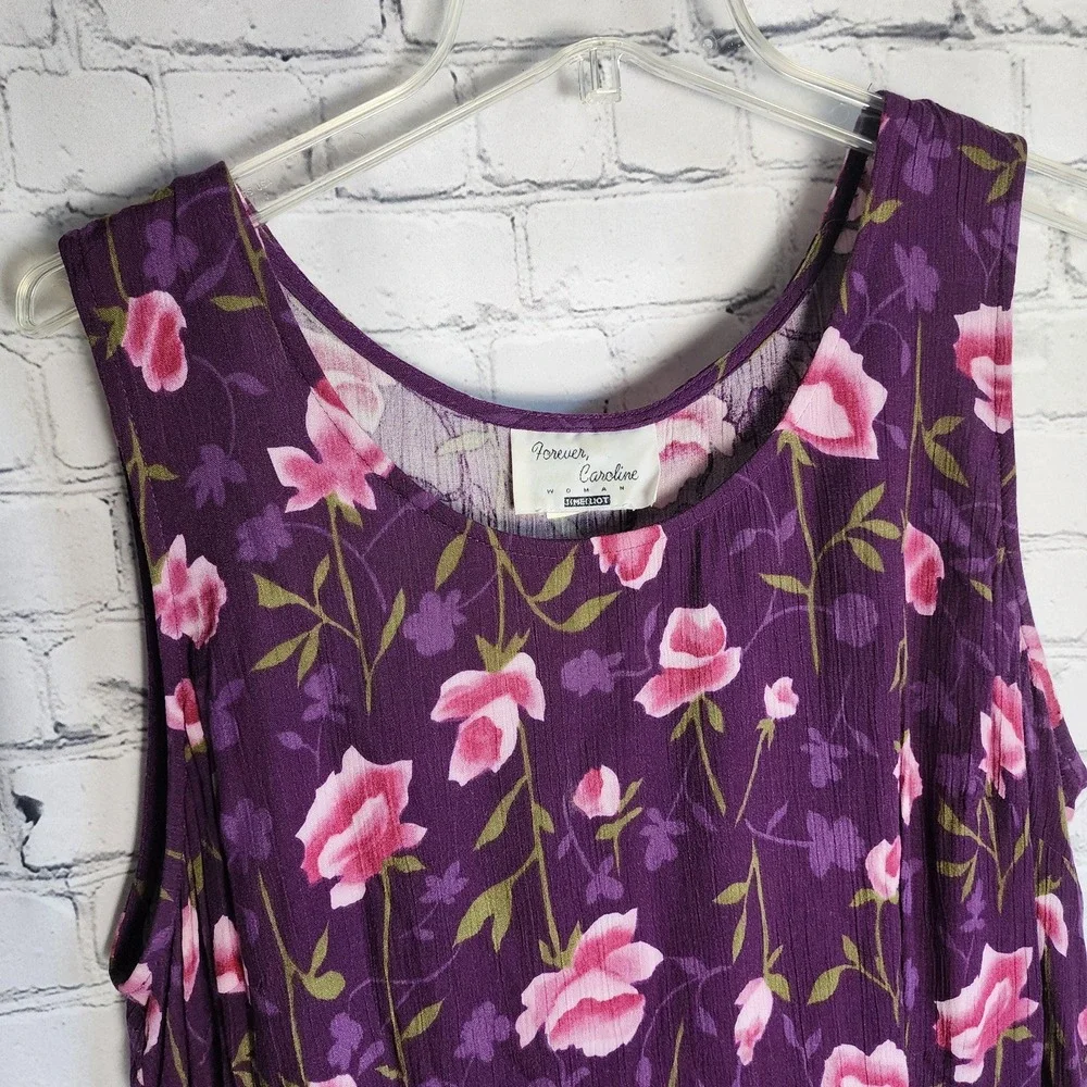 Forever Caroline Vintage 90s Floral Sleeveless‎ Midi Dress Purple Pink XL